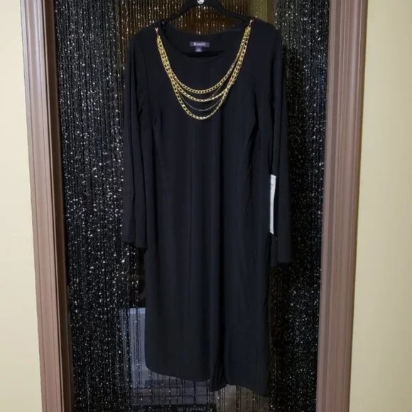 Roaman's New Black Flare Sleeve Chain Necklace Knee Length Dress - Picture 3 of 7